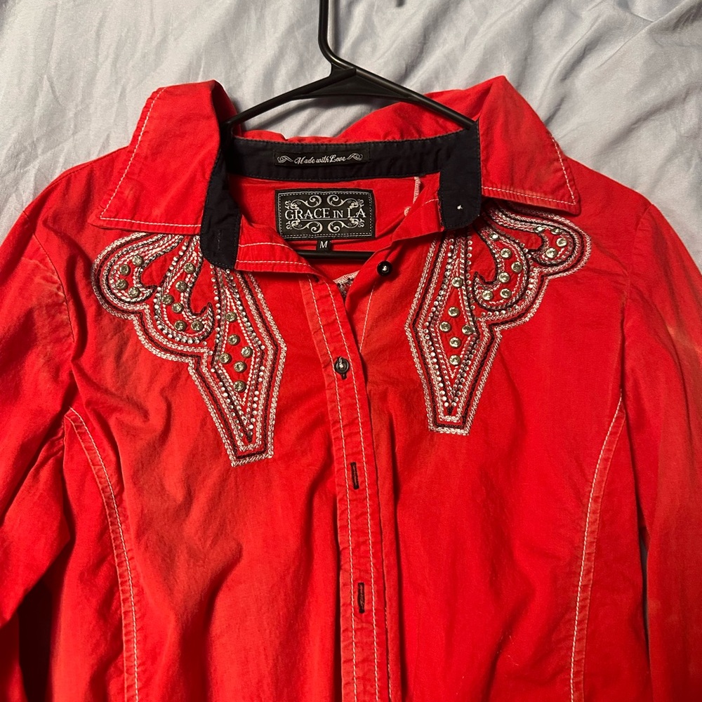 Grace in LA Red Embroidered Shirt